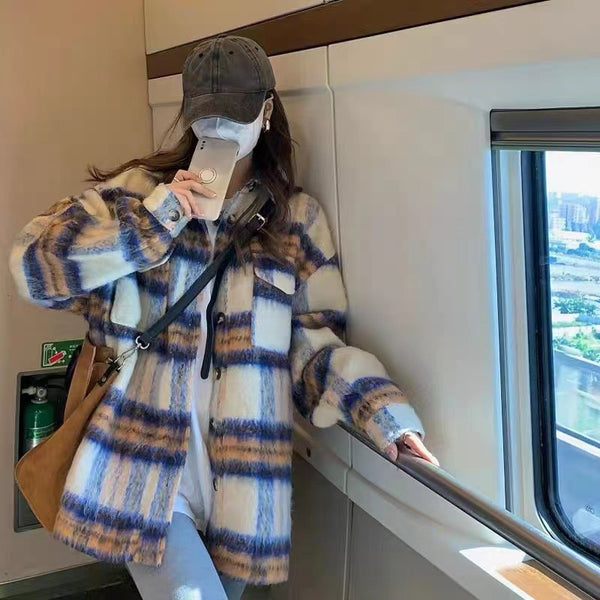 Plaid Wool Coat Female Cotton Padded Thickened